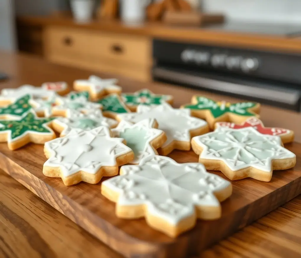 Collection de biscuits décorés avec un glaçage royal coloré et précis, sur une table en bois.