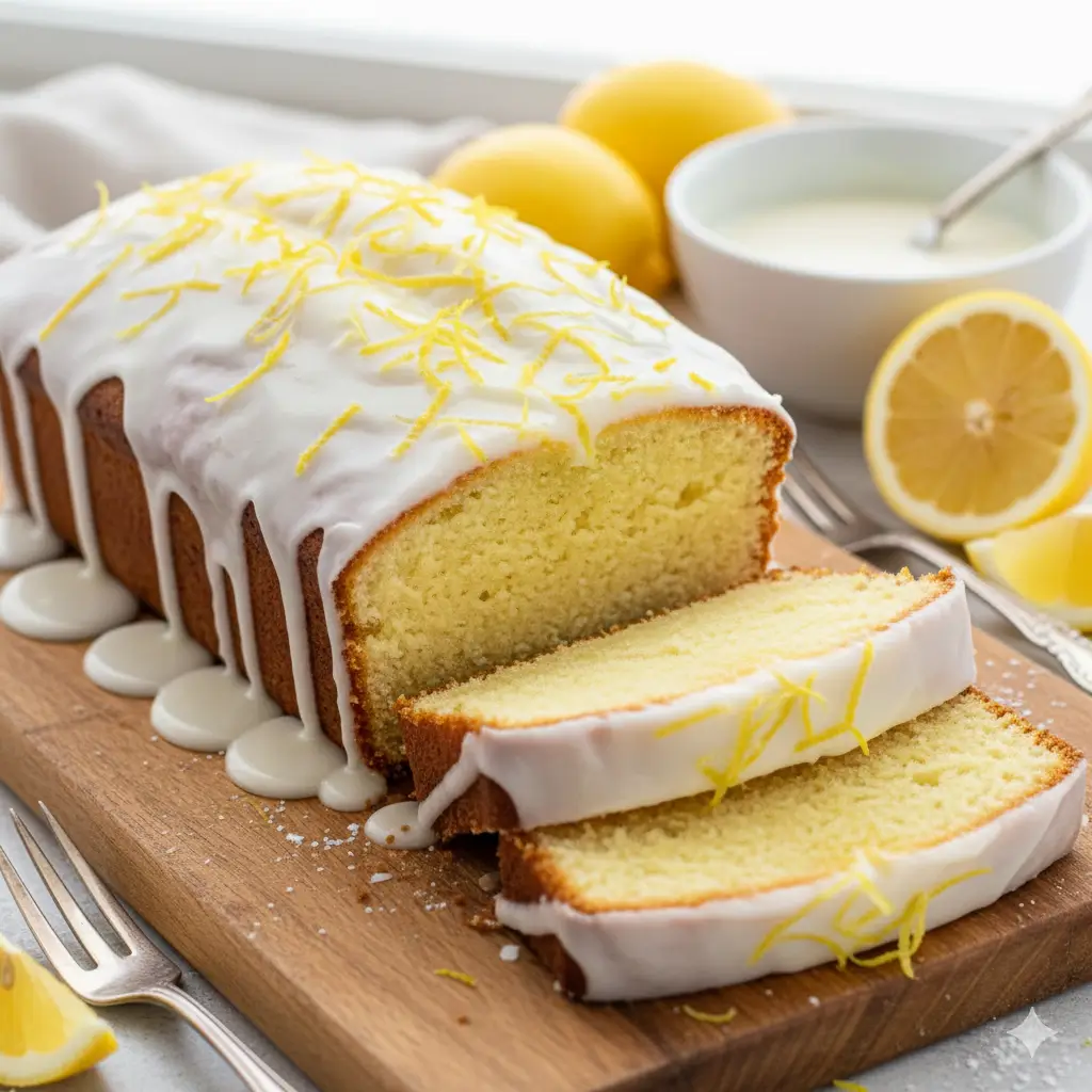 Gros plan d'un cake au citron nappé d'un glaçage blanc et brillant, décoré de fines lamelles de zeste.