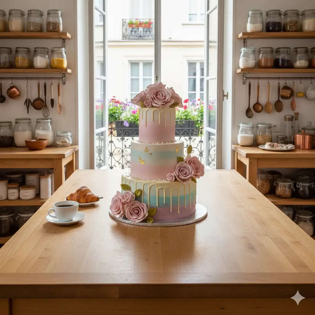 Magnifique Layer Cake à plusieurs étages recouvert de glaçage lisse et décoré de fleurs comestibles et de drip au chocolat blanc, illustrant l'art du Cake Design.