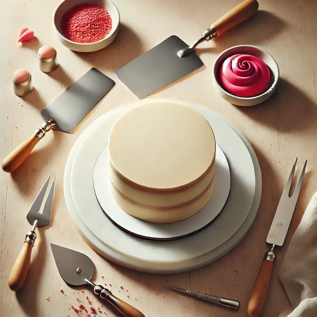 Un flat lay montrant le matériel indispensable pour débuter en cake design : plateau tournant, lisseur à pâte à sucre et spatules de lissage professionnelles.