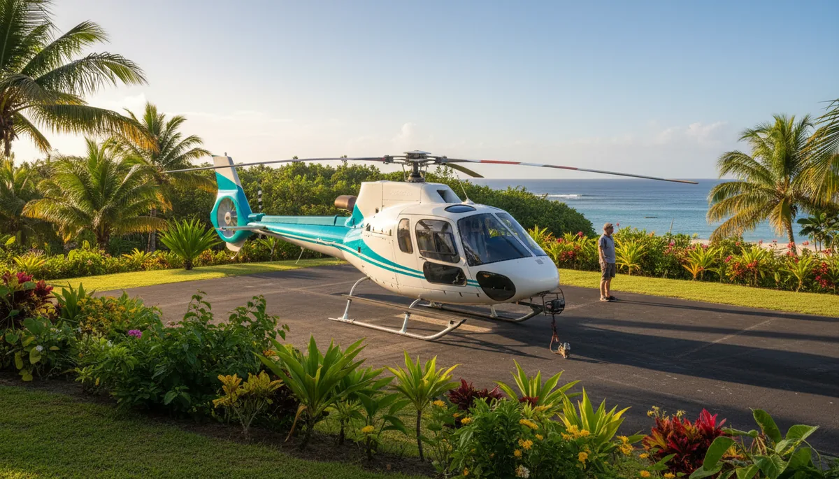 Hélicoptère Airbus H130 de Corail Hélicoptères à l'hélistation de Saint-Gilles-les-Bains, La Réunion
