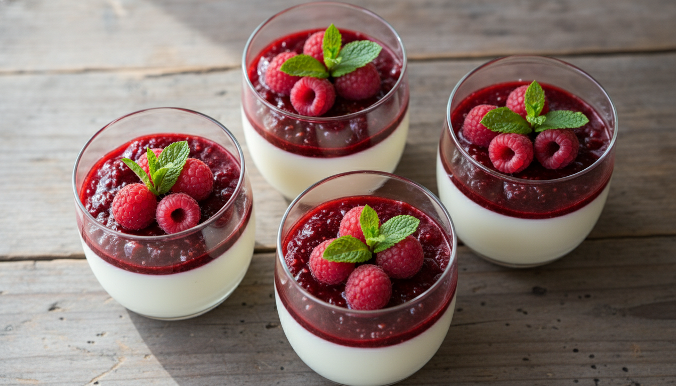 Panna cotta légère en verrines avec coulis de framboises maison, dessert rapide et léger pour 4 personnes