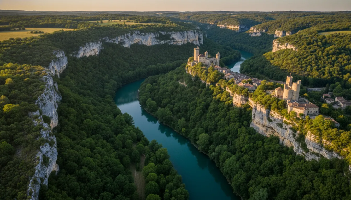 gorges de l'Aveyron rivière entre falaises calcaires village médiéval Bruniquel