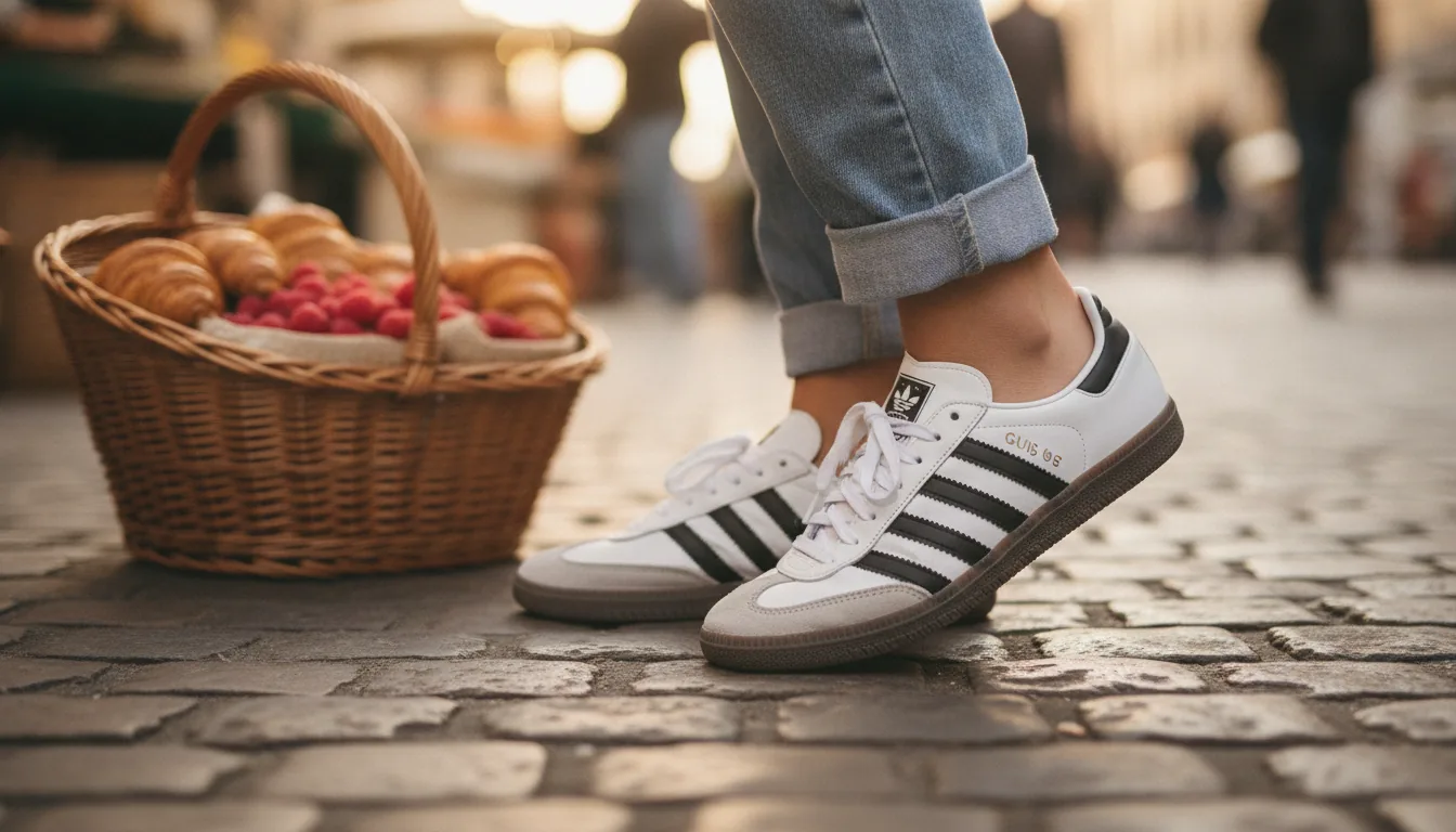 sneakers femme tendance Adidas Samba OG sur les pavés du marché lyonnais